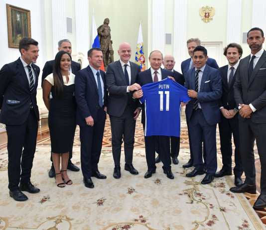 Russias President Putin attends a meeting with former soccer players and officials in Moscow