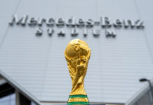 USA, ATLANTA, OCTOBER 2019: World Cup FIFA on background Mercedes Benz Stadium in Atlanta state of G