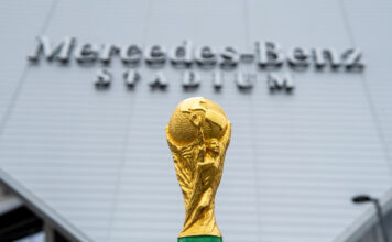 USA, ATLANTA, OCTOBER 2019: World Cup FIFA on background Mercedes Benz Stadium in Atlanta state of G