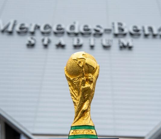 USA, ATLANTA, OCTOBER 2019: World Cup FIFA on background Mercedes Benz Stadium in Atlanta state of G