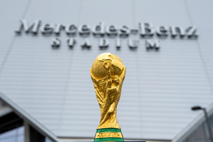 USA, ATLANTA, OCTOBER 2019: World Cup FIFA on background Mercedes Benz Stadium in Atlanta state of G